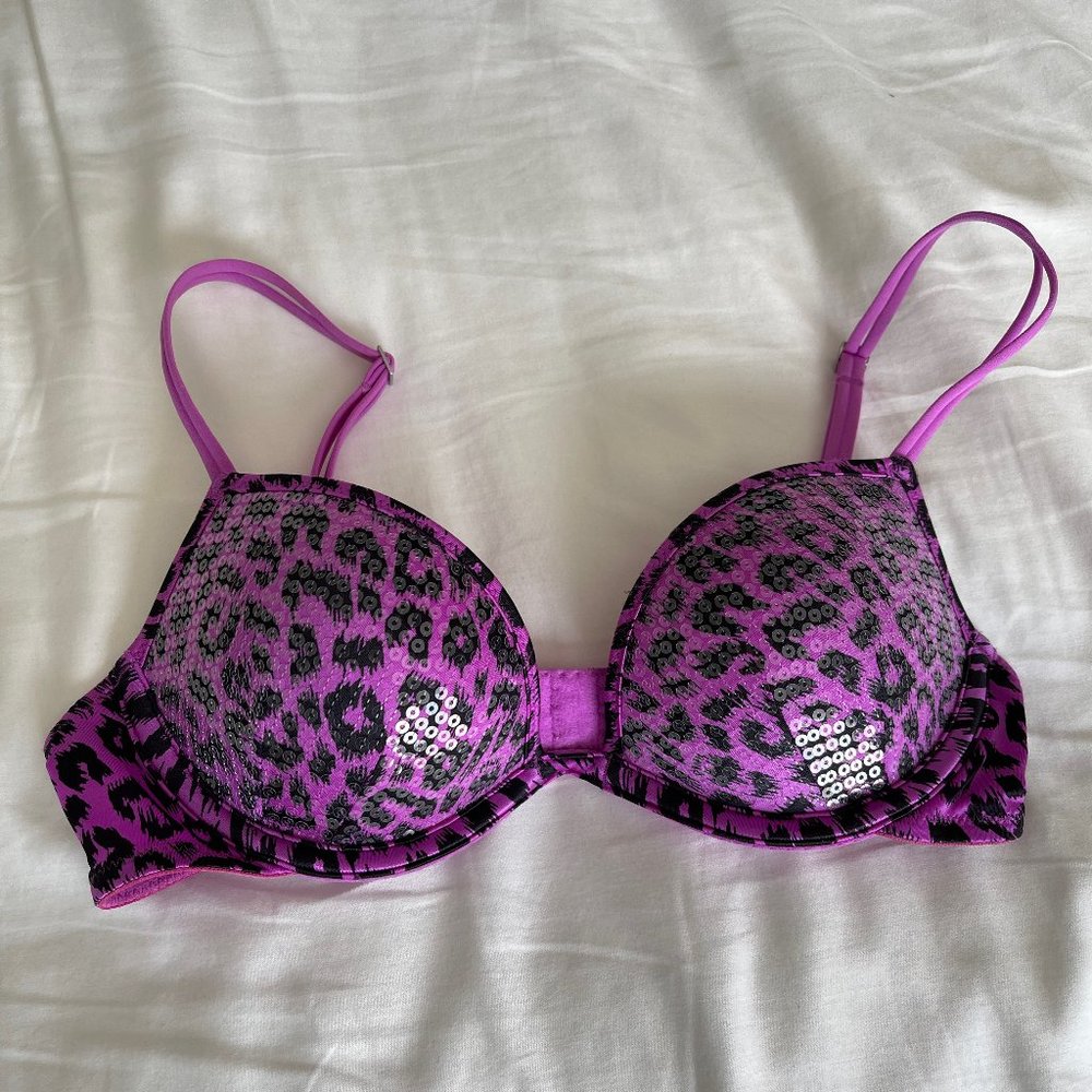 PINK Victoria's Secret Purple Leopard Print Sequin Bra Size 32B